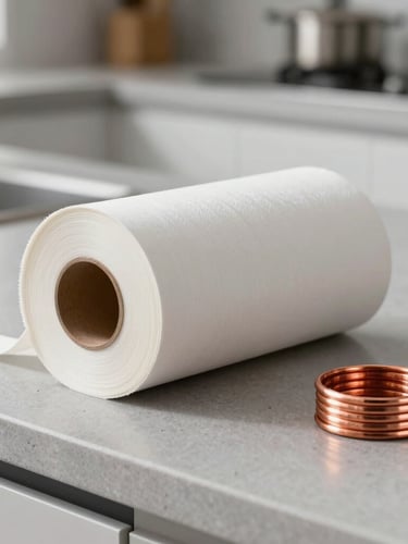 Macro shot of a crisp tool roll and copper coils on a clean modern kitchen counter, sharp daylight.