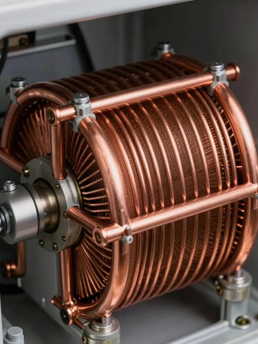 Macro photograph of clean copper cooling coils inside a high-end refrigeration unit, sharp task lighting, technical precision focus.