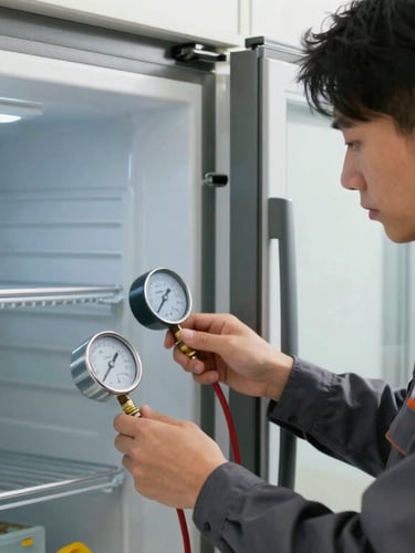 Straight-on medium shot of a certified technician in a dark grey uniform checking a digital manifold gauge connected to a modern built-in refrigerator, neutral daylight