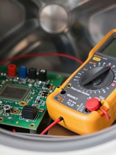 Macro shot of a digital multimeter testing electrical continuity on a clean circuit board inside a modern dryer, sharp task lighting, technical focus.