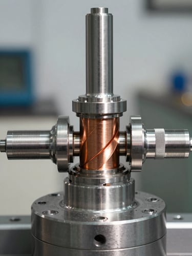 Macro shot of a high-precision stainless steel washing machine drum spindle and clean copper-wound drive motor, bright daylight, straight-on technical framing.