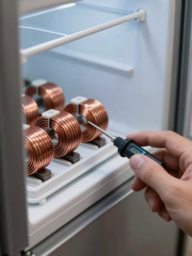 Macro close-up of a digital diagnostic meter testing copper coils on a premium refrigerator, sharp task lighting, clean industrial aesthetic