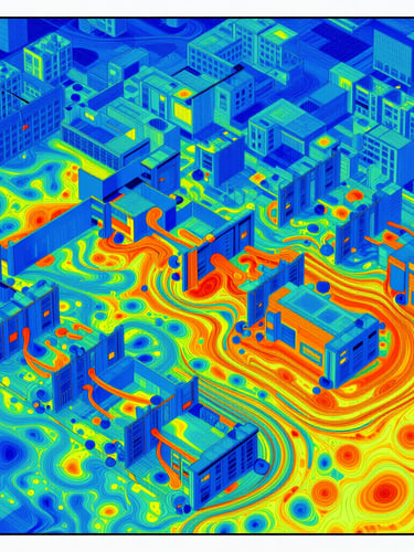 CFD simulation heatmap of a large open-plan office showing airflow velocity vectors, cool blue and orange thermal gradients, high-contrast scientific visualization