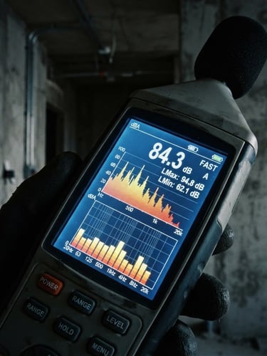 Close-up of a calibrated sound level meter screen displaying real-time decibel frequencies in a raw concrete building interior, cool blue backlighting, crisp technical focus, 35mm