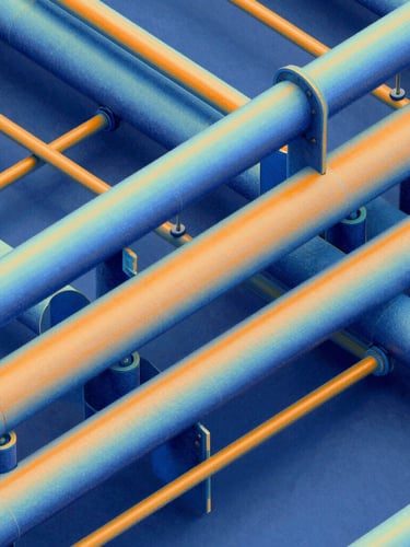 High-contrast technical engineering 3D model showing complex MEP ductwork overlapping with acoustic isolation hangers, highlighted in orange and blue thermal gradients, sharp focus, orthographic view