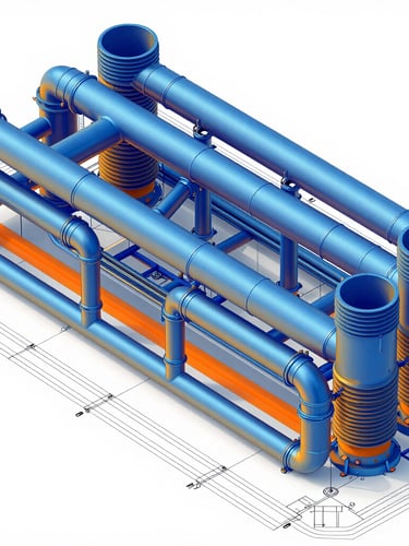 A detailed 3D BIM MEP model showing complex HVAC ductwork and acoustic attenuators, high-contrast cool blue and orange thermal gradient highlights, crisp engineering layout, 35mm