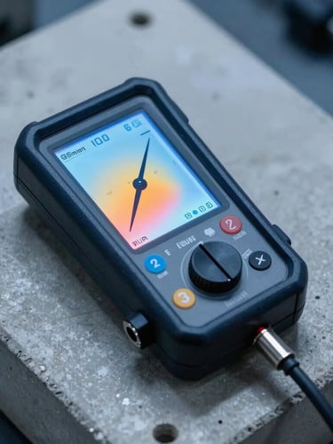 Detailed close-up of a precision sound level meter and tapping machine positioned on a raw concrete slab, high-contrast industrial lighting, cool blue tones, sharp focus.
