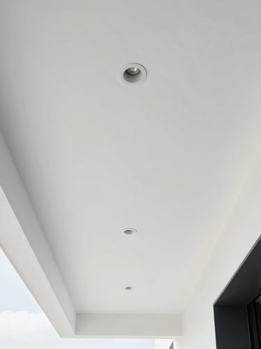 Straight-on architectural shot of a minimalist white ceiling with sharp recessed lighting, bright natural daylight, crisp lines, 35mm lens