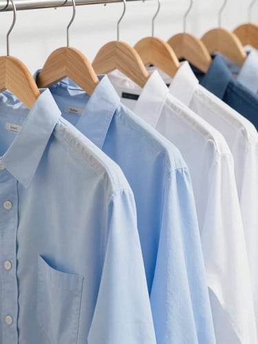 Crisp ironed light blue and white shirts hanging neatly on wooden hangers, bright natural daylight, clean clinical aesthetic