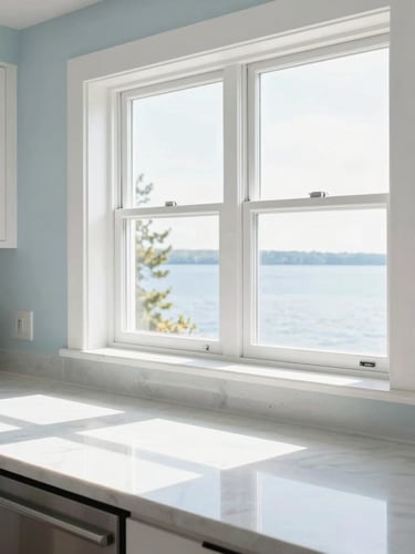 Bright sunlit kitchen with immaculate countertops and sparkling surfaces, soft natural daylight streaming through a window, Lake Simcoe fresh air feel.