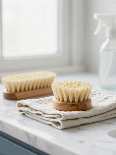 Close-up of natural wooden cleaning brushes, a folded linen cloth, and a glass spray bottle on a bright marble counter, soft window light