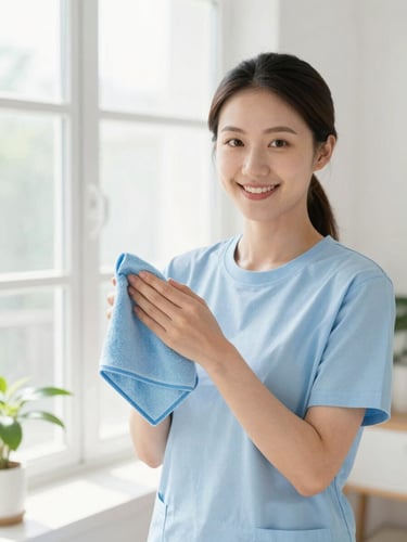 A warm, friendly portrait of a professional female cleaner in a bright, sunlit home, holding a clean microfiber cloth, soft natural window light, 35mm lens.