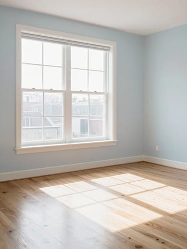 Bright sunlit modern living room with large window, sparkling clean hardwood floors, minimalist decor, soft daylight, 35mm lens