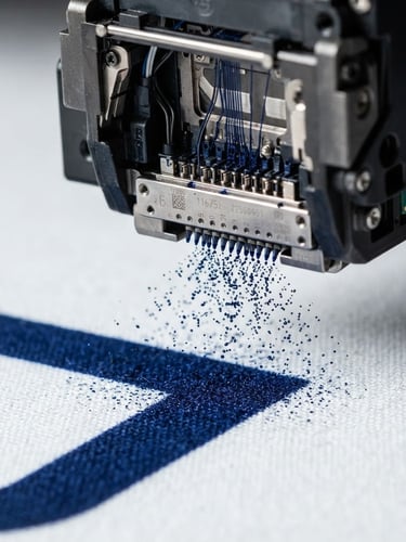 Macro close-up of digital printhead spraying high-precision ink onto white canvas, sharp studio lighting, deep navy highlights, ultra-sharp detail