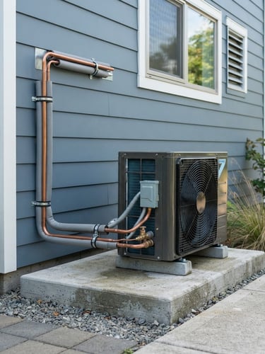 Crisp architectural photography of a modern outdoor condenser unit cleanly mounted on a concrete pad with perfect right-angle copper line sets, bright natural daylight, slate blue tones, 35mm.