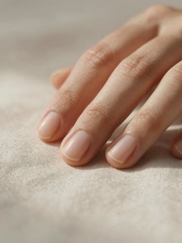 Macro detail of clean, natural nails resting on soft linen under diffused morning daylight, minimalist composition, warm tones