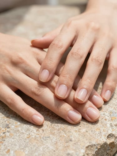 Macro detail shot of clean, natural nails on hands resting on warm stone, soft diffused natural daylight, minimalist composition, 35mm
