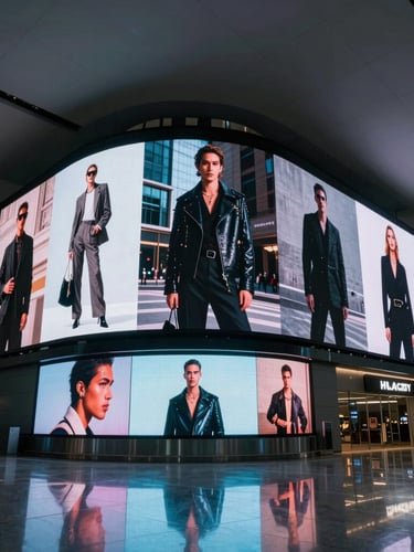 Low-angle heroic shot of a massive curved digital LED screen displaying luxury fashion in a sleek, modern airport terminal, dramatic twilight lighting, reflections on polished floors, cinematic 35mm