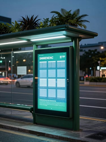 Sleek digital screen integrated into a modern green bus shelter with living plants on top, twilight lighting, glowing LED, cinematic 35mm