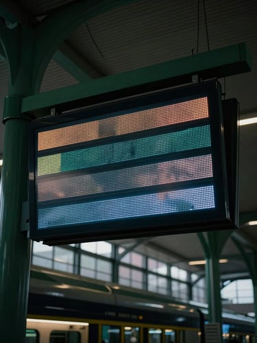 Low-angle heroic shot of a sleek digital display in a modern minimalist train station, soft ambient light, green architectural details, 35mm