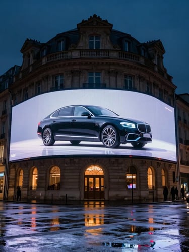 Immersive 3D anamorphic digital screen on a historic Parisian building at night, glowing luxury car graphic popping out of the screen, wet pavement reflections, 35mm