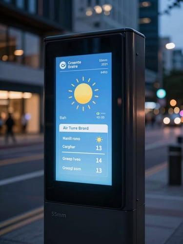 Close-up of a smart street furniture installation with a clean digital interface showing local weather and air quality index, twilight lighting, modern city background, 35mm