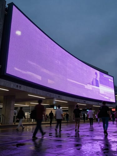 Low-angle heroic shot of a massive curved digital screen glowing at twilight, architectural concrete and wet pavement reflecting violet light, motion-blurred crowd in a futuristic transit hub, 35mm cinematic