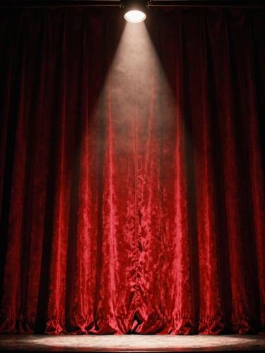 Low-angle shot looking up at a grand empty stage, a single warm incandescent spotlight cutting through the deep shadows onto a heavy crimson velvet curtain, 35mm film grain