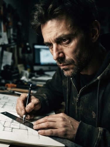 Extreme close-up portrait of a solitary designer in deep focus, illuminated by a harsh single-source key light, deep shadows, desaturated industrial tones, 35mm film grain.