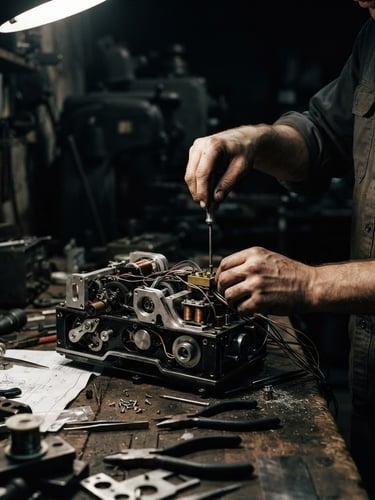Moody cinematic photography of a solitary builder's hands assembling a raw mechanical prototype under a harsh single-source key light, deep shadows, desaturated industrial tones, 35mm film grain.
