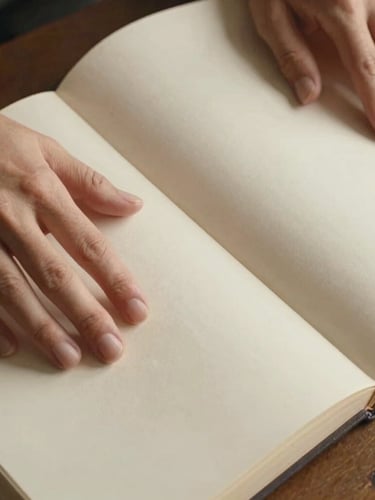 A close-up overhead shot of hands gently touching the thick, textured cream paper of an open linen-bound album, warm side-lighting emphasizing the tactile quality of the materials.