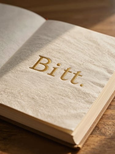 Close-up of a linen-bound memory album lying open on a wooden table, soft morning light illuminating the embossed gold lettering of a child's name, warm sand tones.