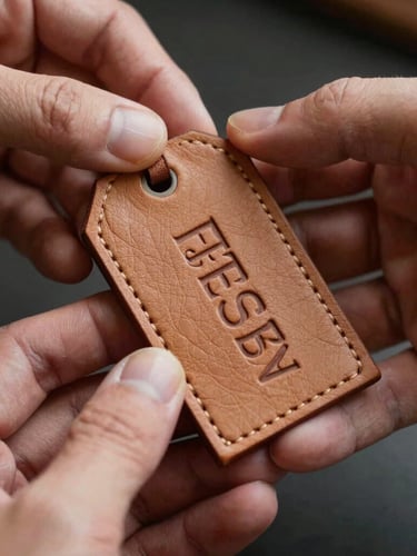 Close-up of hands gently holding a custom embossed leather tag, showing the textured grain and precise typographic alignment.