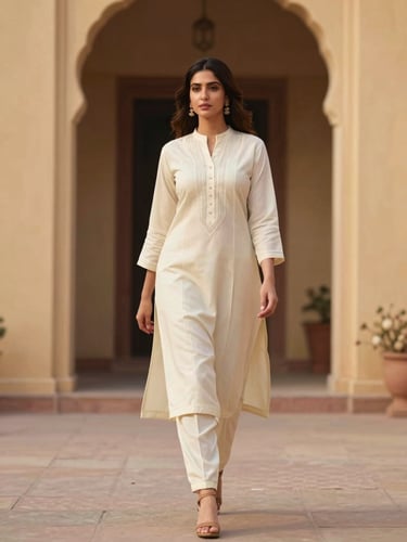 Full-length portrait of an elegant woman walking through an arched doorway, wearing a tailored ivory kurta set, soft diffused lighting.
