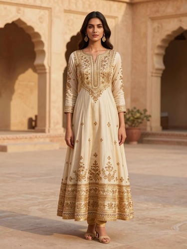 Warm editorial photography of a premium model wearing a rich gold-embroidered ivory Anarkali, standing in a sunlit sandstone courtyard with elegant arched doorways, golden-hour light, 35mm.