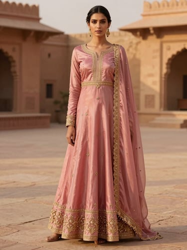 Warm editorial photography of a model in a sandstone courtyard at golden hour, wearing a rose pink silk Anarkali with gold embroidery, elegant drape.