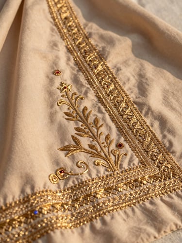 Medium close-up of intricate gold zari hand-embroidery on a soft beige fabric, highlighting the rich textile texture and craftsmanship.