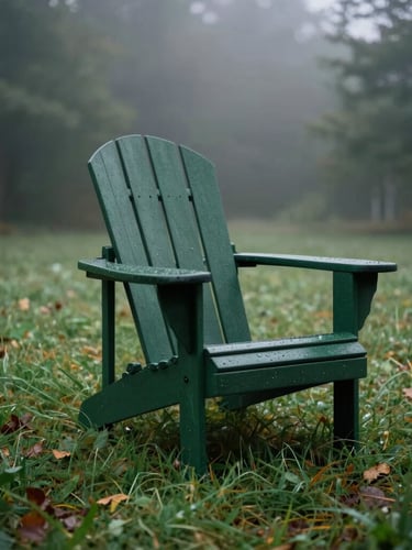 A heavy-gauge dark green Adirondack chair positioned on a damp morning grass lawn, low-angle early morning mist, moody outdoor photography, overcast daylight, 35mm film texture, shallow depth of field.