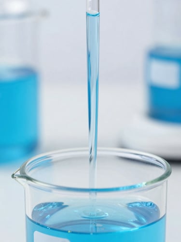 Macro shot of blue detergent liquid viscosity in laboratory glassware, bright clean lighting, cool blue and clinical white tones, sharp focus, 35mm.