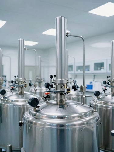 Wide-angle crisp industrial photography of a clean laboratory-grade chemical compounding facility with stainless steel tanks, bright clinical white lighting, 35mm.