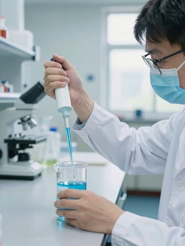 A professional chemist in a white lab coat using a pipette to test a blue liquid sample in a glass beaker, clean sterile laboratory environment, stainless steel equipment in soft focus, bright daylight.