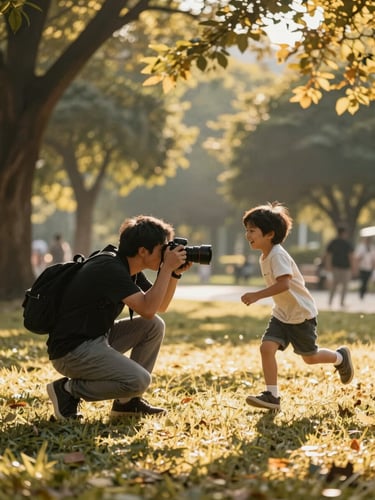 Close environmental moment, photographer crouching low in a sunlit park, camera raised toward a laughing child mid-run, dappled golden light filtering through tree canopy above, warm afternoon atmosphere, documentary candid energy