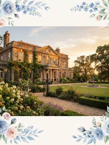Elegant architectural shot of a historic wedding venue at golden hour, soft light, no people, wide angle, delicate hand-painted blue watercolor floral accents framing the scene.