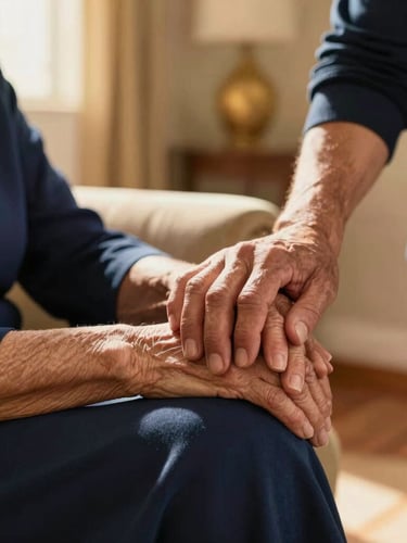 Close-up of a warm caregiver holding an elderly woman's hand in a sunlit Arizona living room, soft golden-hour light, rich navy accents, shallow depth of field