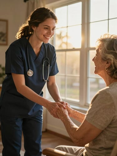Warm editorial photography of a professional caregiver in a sunlit Arizona home, smiling warmly while holding the hand of a senior woman sitting by a window, soft golden-hour sunlight, shallow depth of field.