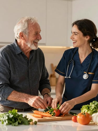 An elderly man and a professional female caregiver laughing together while preparing fresh vegetables in a bright, modern kitchen, warm natural light, medium shot