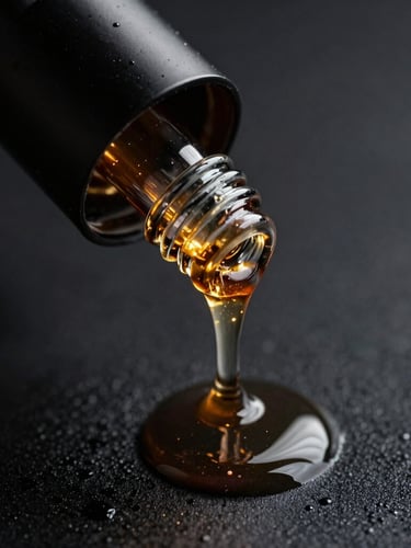 Extreme macro shot of a sleek black glass bottle dripping with thick, glossy plum lip oil, sharp golden spotlight highlighting the wet texture against an obsidian surface.