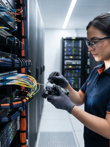 Close-up of a technician in branded uniform terminating fiber optic cables in a clean server rack, bright clean server room lighting, high-contrast navy and orange accents, crisp technical detail, 35mm lens, subject slightly to the right.