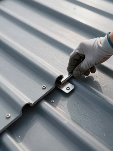 Top-down macro shot of clean standing seam metal joints being secured by a gloved hand under bright daylight, slate gray metal roofing panels.