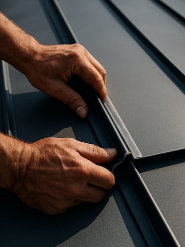 A close-up of a roofer's hands installing clean standing seam metal joints on a roof under bright daylight.
